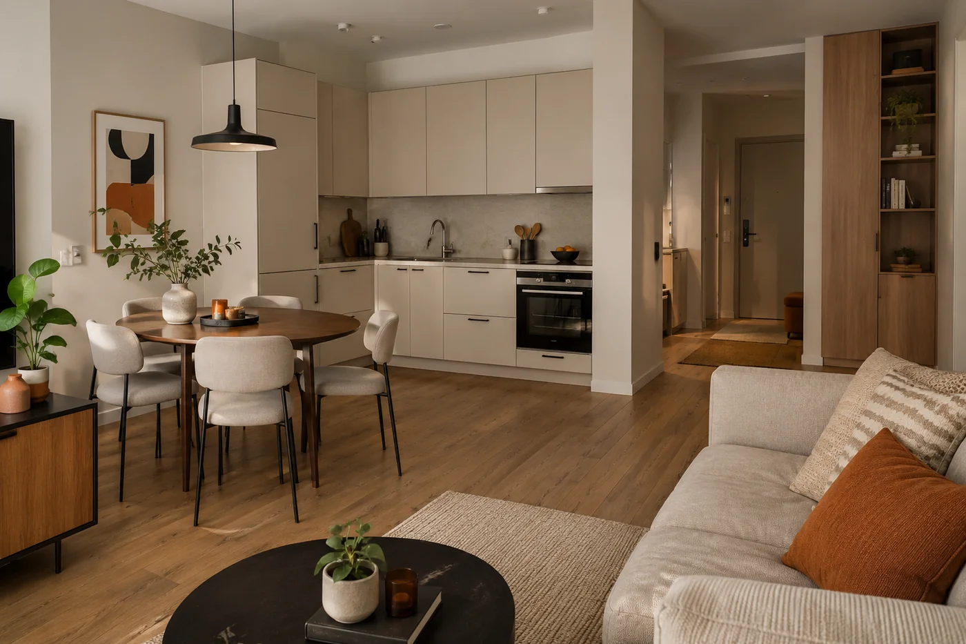 Концепция кухни-гостиной со светлой кухней, овальным столом, диваном и деревянным хранением